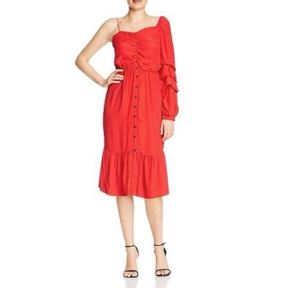 S/W/F Midi One-Sleeve Red Ruffle Dress